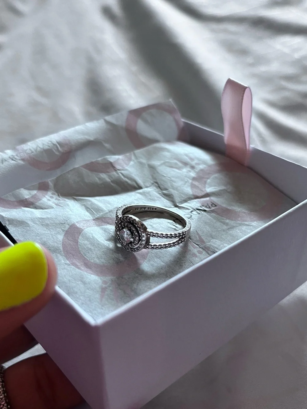 Pandora Sterling Silver Ring with Pink Accents and Halo Pavé